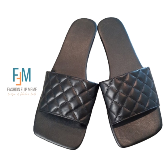 Quilted Leather Square Toe Flats Slip-On Slides Sandals - Picture 7 of 9